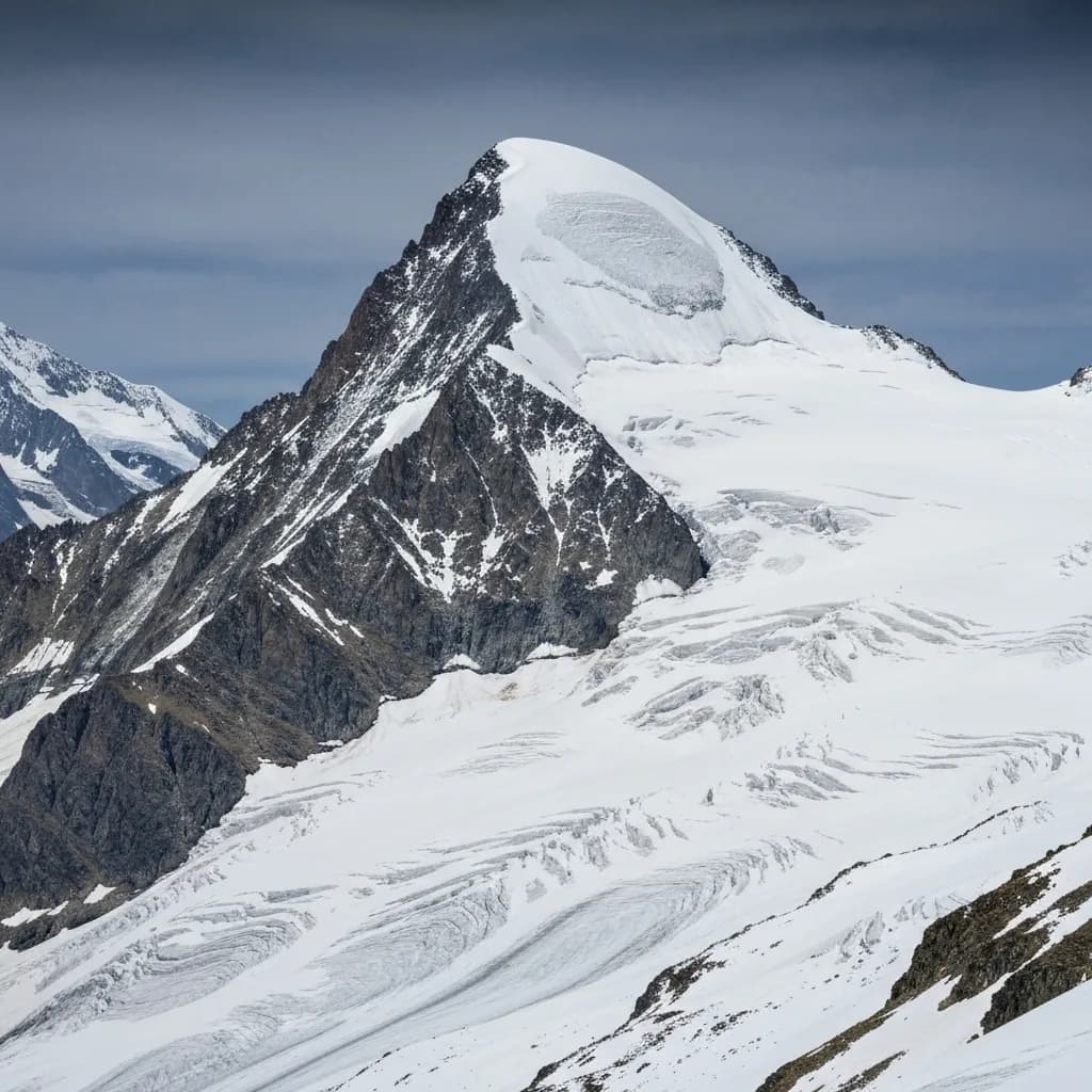 Sanfte vergletscherte Kuppe des Allalinhorns bei Saas-Fee