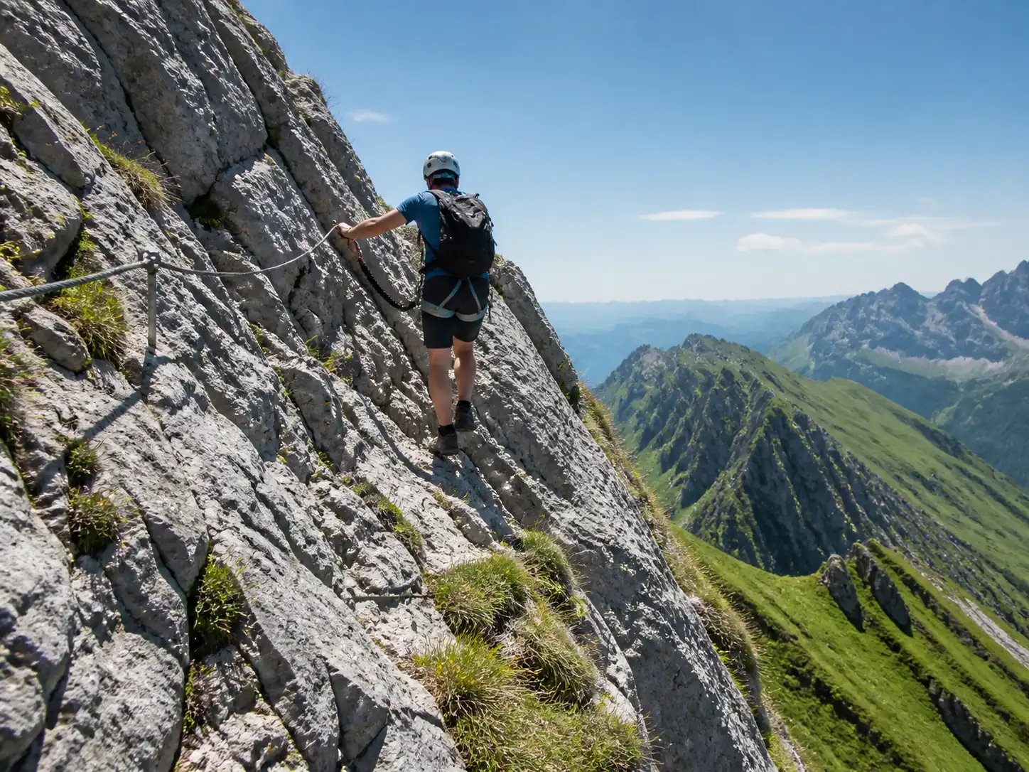 Klettersteiggeher am gesicherten Grat mit Blick auf die grünen Gipfel der Allgäuer Alpen