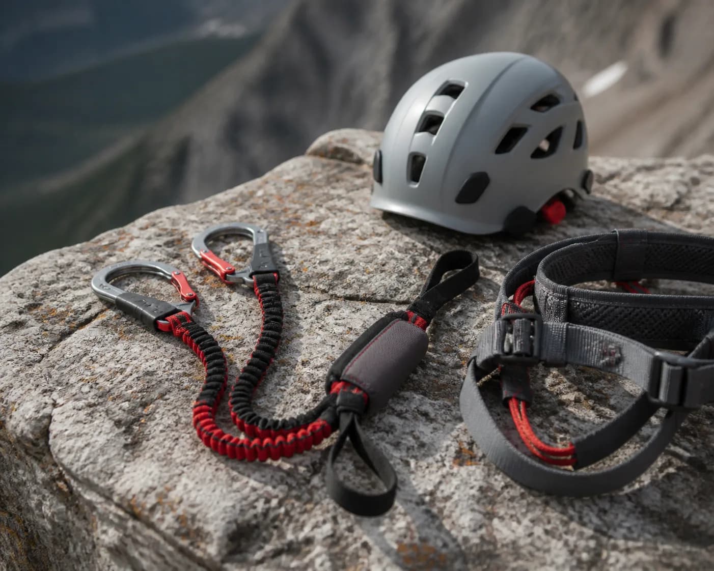 Klettersteigset mit Bandfalldämpfer und zwei Klettersteigkarabinern neben Helm und Klettergurt auf einem Felsen