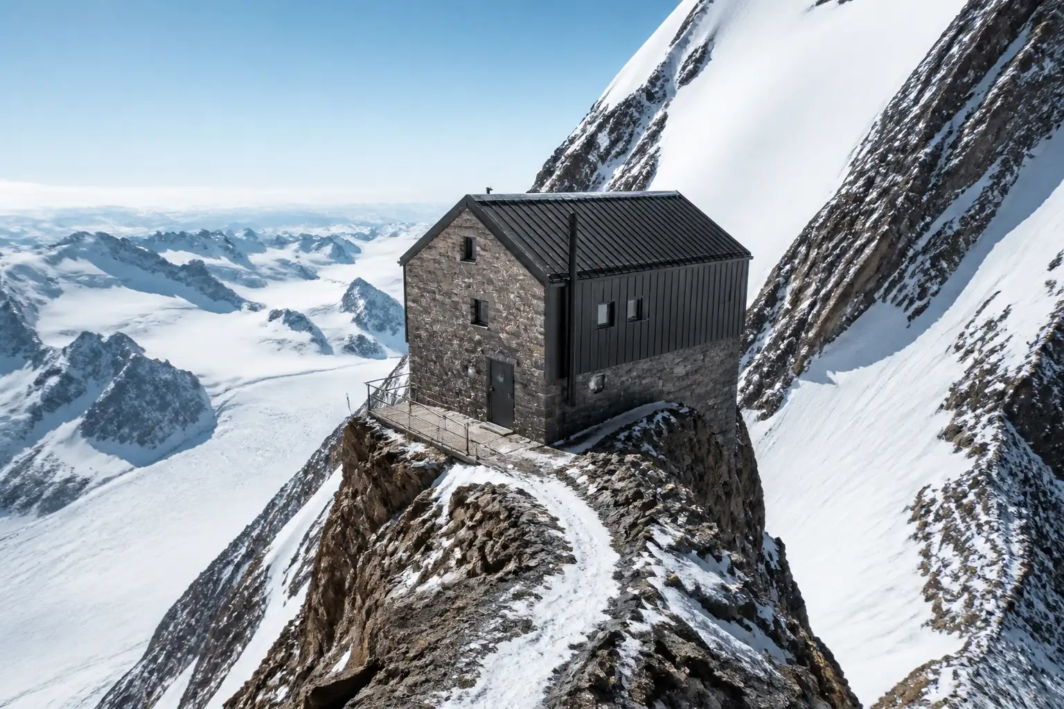Berghütte auf einem schmalen Felsgrat auf großer Höhe, umgeben von Gletschern