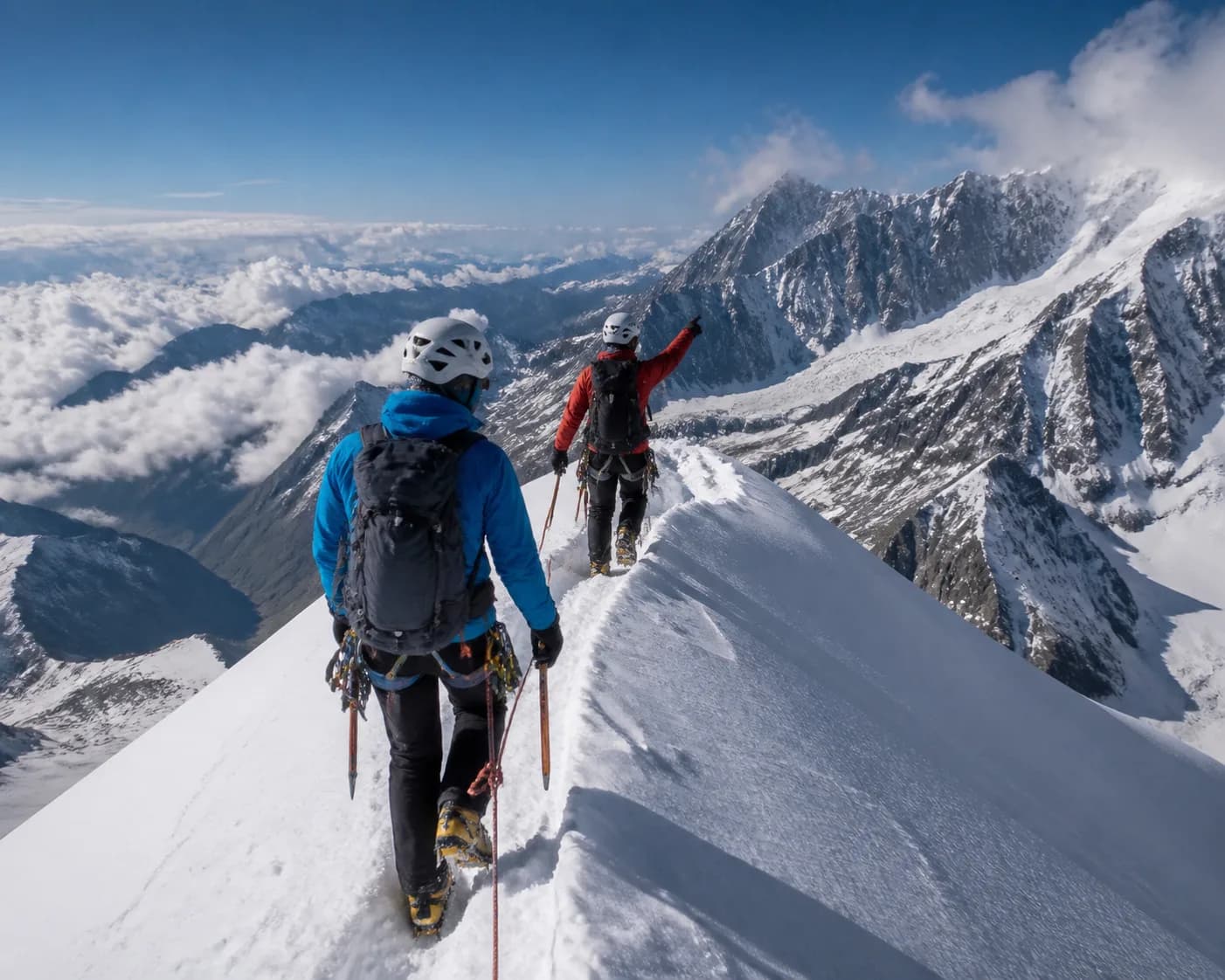 Bergführer und Kunde am Seil auf einem Schneegrat, der Führer zeigt die Route