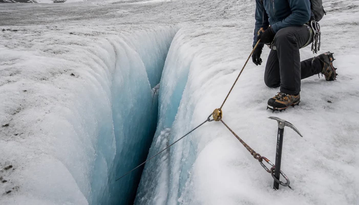 Rettungssystem mit Rolle und Karabiner am Rand einer Gletscherspalte, Eispickel als Fixpunkt im Schnee