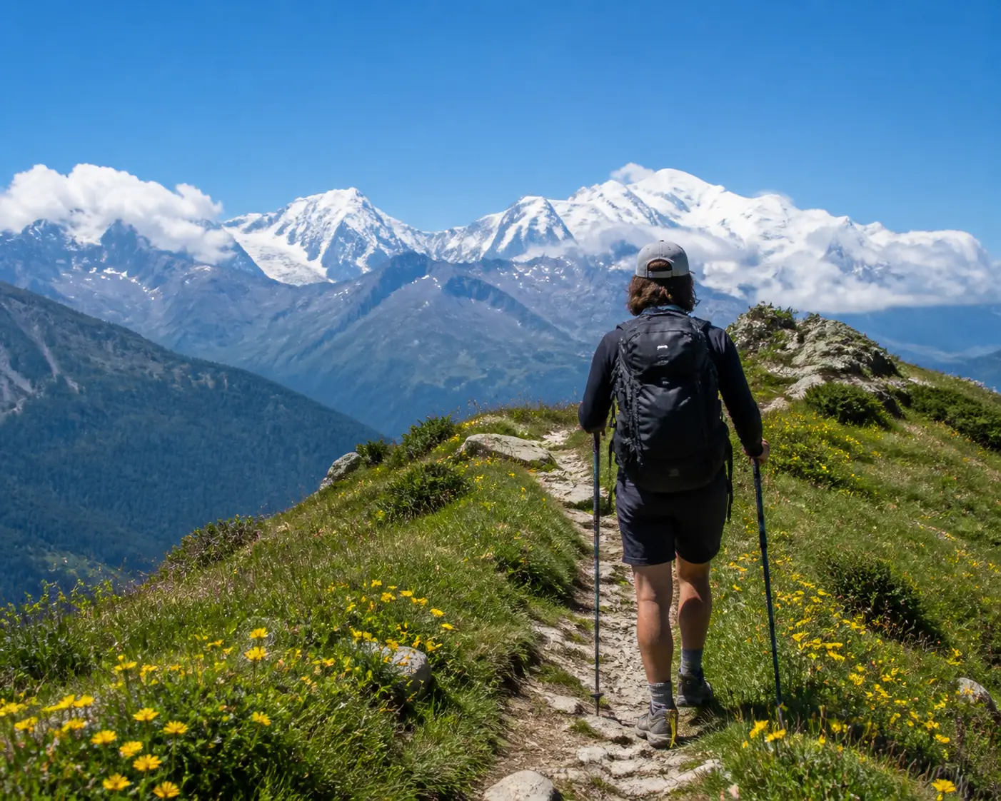 Wanderer mit Trekkingstöcken auf einem Grat-Wanderweg mit Blick auf das Mont-Blanc-Massiv