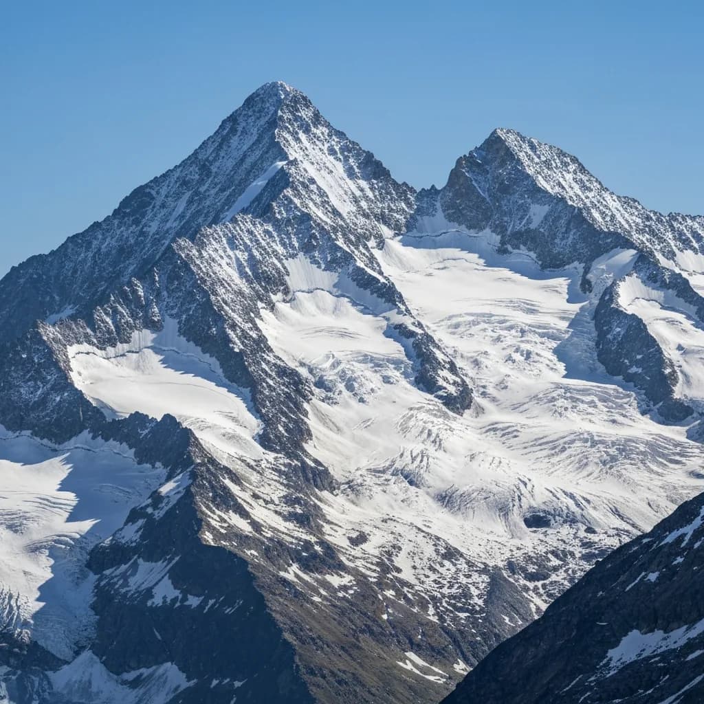 Vergletscherte Doppelgipfel der Wildspitze in den Ötztaler Alpen