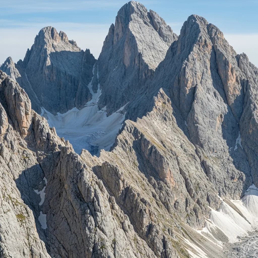 Kalksteingipfel und Gletscherrest des Zugspitzmassivs im Wettersteingebirge